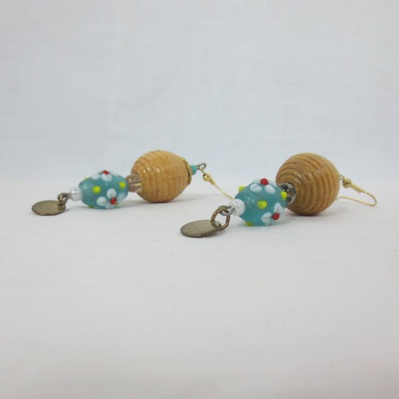 New Tan Wood Blue Floral Lampwork Glass Earrings - Picture 1 of 6